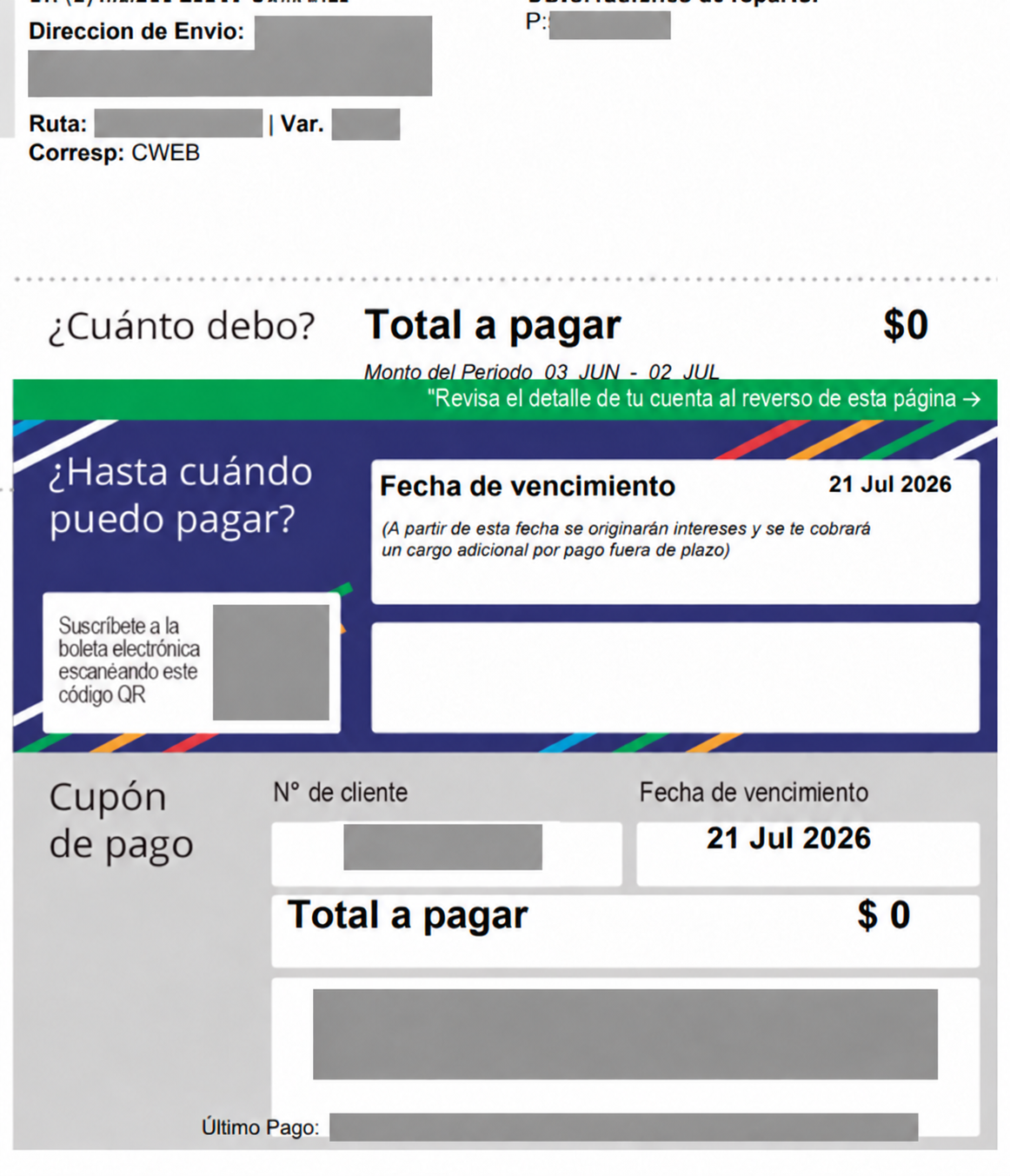 Boleta eléctrica con total a pagar de cero pesos